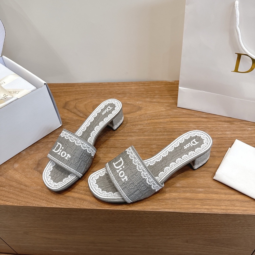 DIOR Dway Lace-Embroidered Heeled Mules Slides Grey - Picture 2 of 4